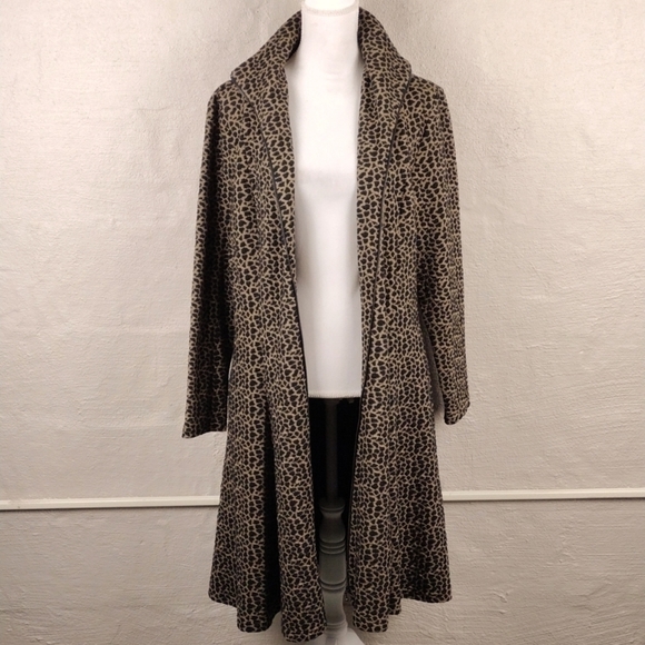 Samuel Dong Tan Black Leopard Print Funnel Neck Long Sleeve Midi Coat Dress - Picture 3 of 15